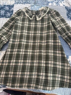 Girls' Green Plaid Dress with Peter Pan Collar
